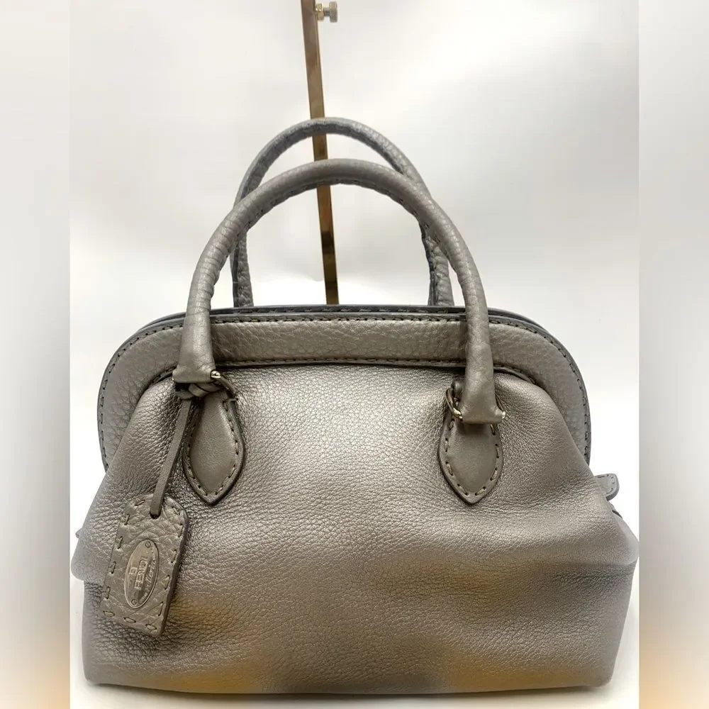 Auth Fendi Borsa Selleria Romano Leather Platinum Adele Doctor Bag Satchel Ex+